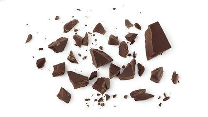 Broken chocolate pieces scattered on white background for baking or dessert