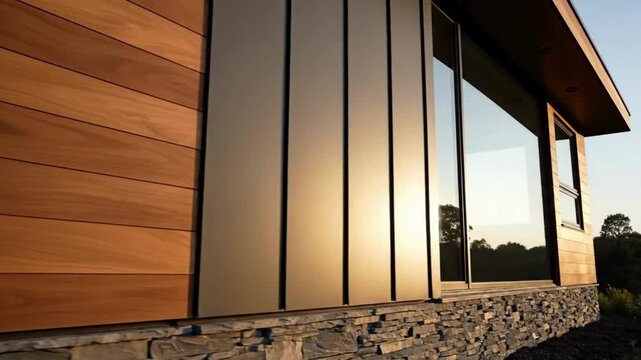 Modern House Exterior with Wooden Siding and Large Windows at Sunset