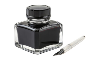 Elegant fountain pen and ink bottle on black background