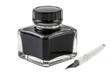 Elegant fountain pen and ink bottle on black background