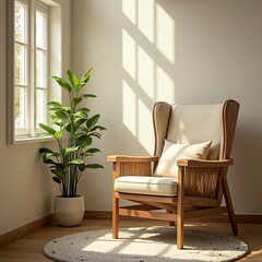 Serene Wingback Chair in Sunlit Room: A Minimalist Interior Scene