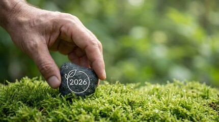 hand holding stone with 2026 and leaf logo on moss