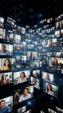 Array of diverse people participating in video conference. Multiple screens showing smiling professionals in remote work settings