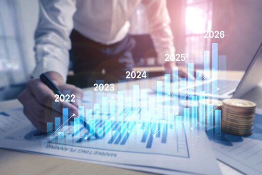 Business bar chart and line graph showing yearly business growth from 2022 to new year 2026, represent data analytics, future 2026 planning, business 2026 trend, and performance analysis 2026 Vouch - Powered by Adobe