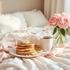 Mother's Day Breakfast: Pancakes, Coffee, and Roses in a Sunlit Bedroom