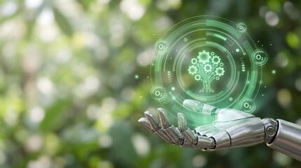 Robot hand holding green tree with gears, sustainability concept