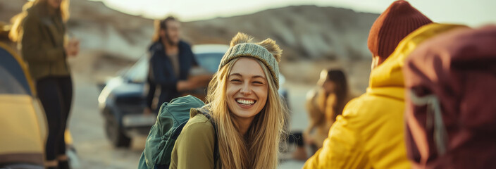Diverse Group of Friends Laughing While Packing Camping Gear into Car &ndash; Daylight, Bright Light, Viewed from Afar