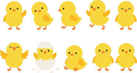 Cartoon chick character set, cute yellow baby birds in playful poses and emotions for kids - flat vector illustration © TOMSINA