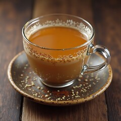 Warm Golden Beverage in Glass Cup on Rustic Wooden Table