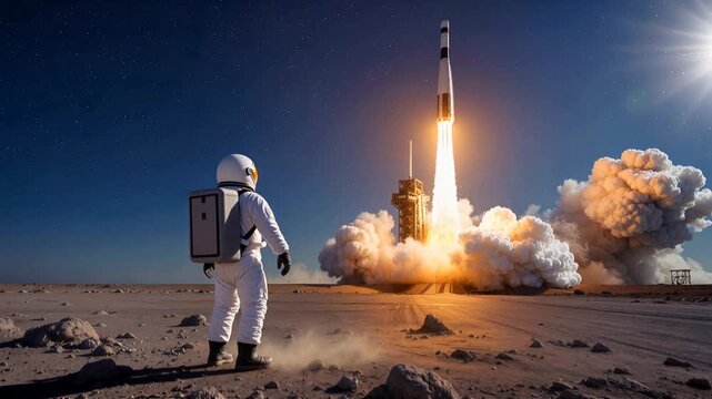 Heavy-lift rocket launching from desert base witnessed by explorer in spacesuit. Vertical takeoff under starry night sky. Lockdown wide shot.