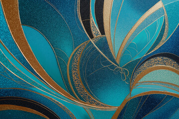 Abstract Blue and Orange Curved Shapes with Textured Stained Glass Style Pattern