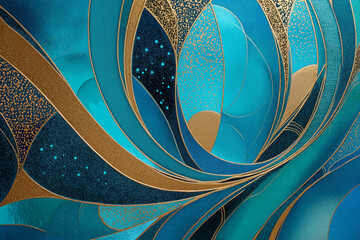 Abstract Blue and Orange Curved Shapes with Textured Stained Glass Style Pattern