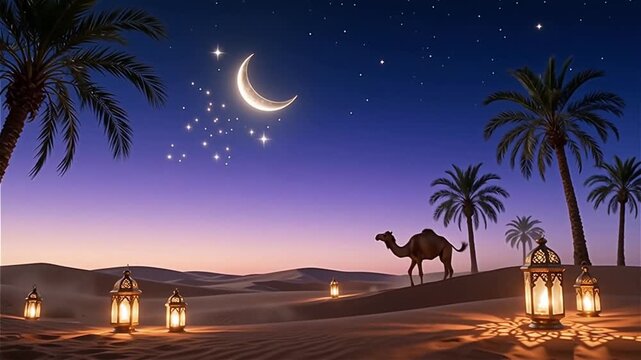 Arabian Nights Reverie &mdash; Crescent Moon Mosque Lanterns and Stars, Islamic Festival Enchantment, Ramadan Eid Magical Beauty