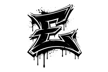 Bold graffiti letter e with drips and splatter art on white background