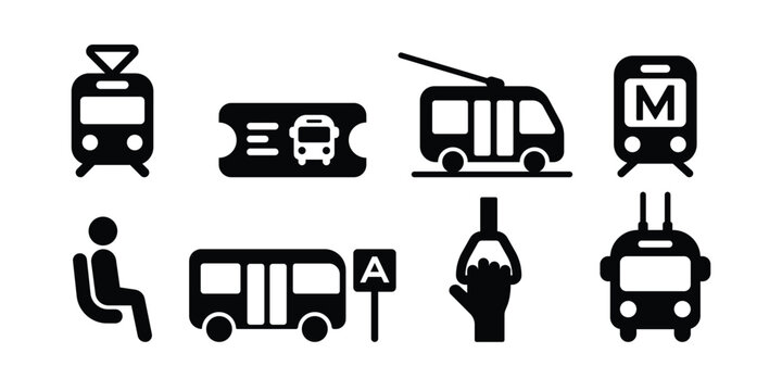 Minimalist Public Transit Icon Set - Black Vector Urban Commuter and City Transport Symbols