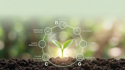 Sustainable growth concept with green sprout and eco icons