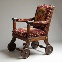 Ornate Wheeled Armchair:  Intricate Tapestry and Dark Wood