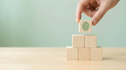 hand placing fingerprint block on wooden cubes