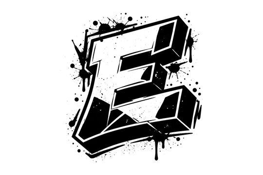 3d graffiti letter e with ink splatter in black and white graphic art