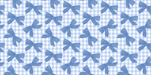 Coquette blue gingham seamless pattern with hand drawn bows. Cute print for wrapping paper, fabric and textile. Checkered background. Repeat wallpaper. Vector aesthetic illustration