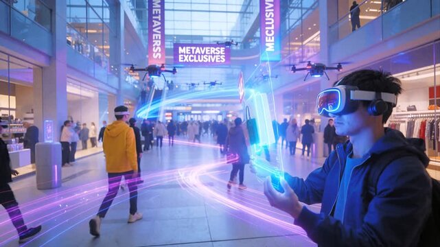 Retail customers using augmented reality devices to browse virtual products in futuristic shopping mall. Drones flying overhead with sale signs in high-tech commercial environment