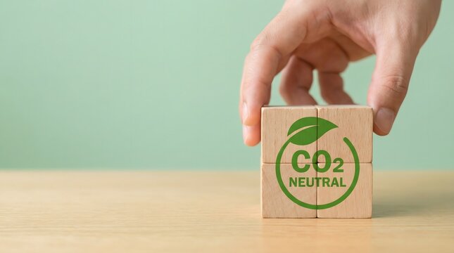 co2 neutral concept with wooden block and hand