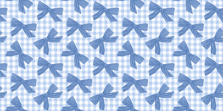 Coquette blue gingham seamless pattern with hand drawn bows. Cute print for wrapping paper, fabric and textile. Checkered background. Repeat wallpaper. Vector aesthetic illustration
