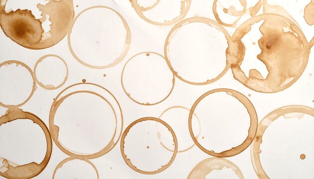 Close-up of off-white surface scattered with brown coffee ring stains of varying sizes