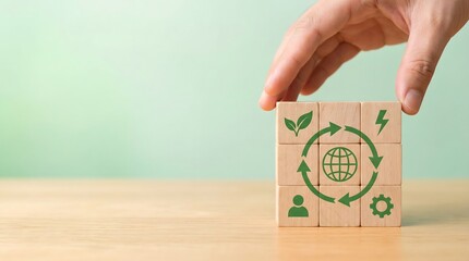 hand building eco friendly blocks with green icons