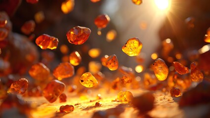 Amber gemstones flying through air with sunlight shining on them  sparkling and glowing in warm tones and vibrant colors