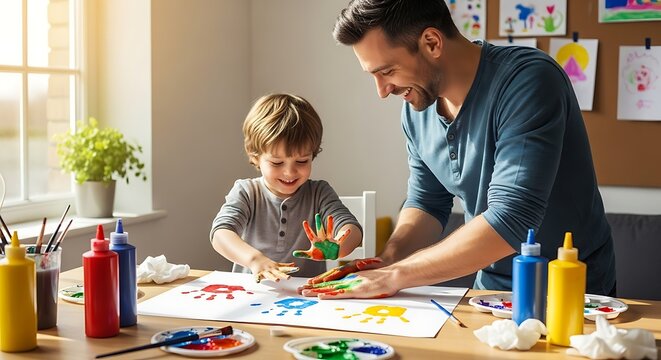 Father and son creating handprint art together at a table with paint and drawings on the wall