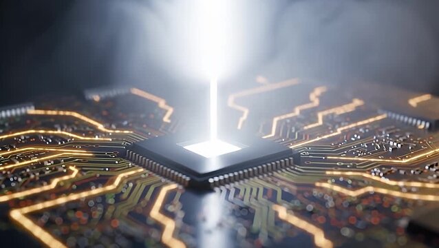 Futuristic Technology Microchip Central Processing Unit with Bright Light Beam