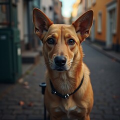 Focused Brown Dog Portrait with Leash on Cobblestone Street