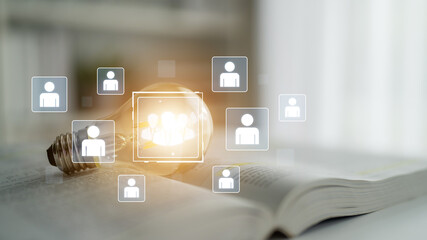 Concept of human resources and organizational structure. A professional team is shown within a corporate network, representing management, leadership, and collaboration. Fermion