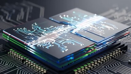 Cinematic 3D Render of Abstract High-Tech Computer Chip Layers Glowing Blue and Red - Powered by Adobe