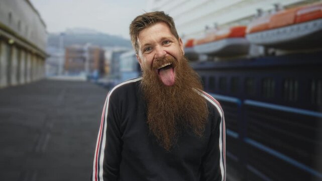 Bearded man leans on railing by lifeboat and winks eye and sticks tongue out on cruise ship deck; lighthearted fun.