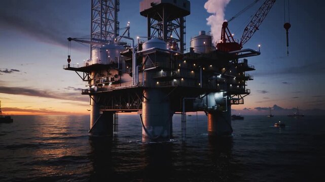 Energy sector infrastructure operating in open sea during evening hours. Illuminated oil rig featuring heavy machinery and storage tanks against sunset sky.