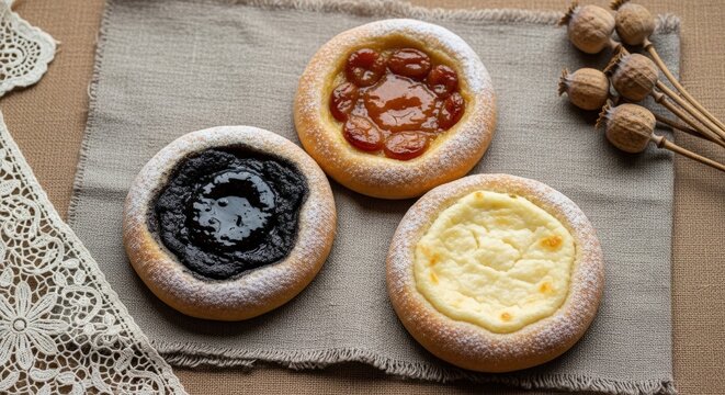 Three Traditional Czech Kol&aacute;če Pastries with Poppy Seed and Fruit Fillings on Raw Linen and Moravian Lace