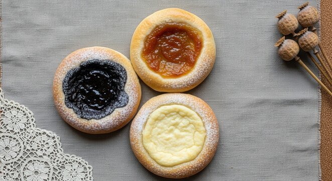 Three Traditional Czech Kol&aacute;če Pastries with Poppy Seed and Fruit Fillings on Raw Linen and Moravian Lace
