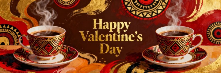 Valentine's Day greeting with two steaming coffee cups in warm colors with abstract geometry patterns - ultrawide banner