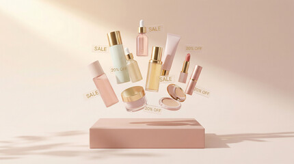 Assorted beauty products suspended in mid-air above a pink surface, tiny floating sale tags reading "SALE" and "20%" near items