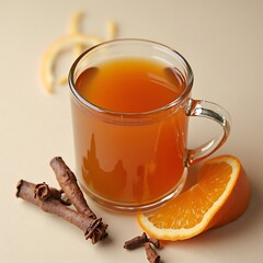 Hot Orange Drink in Clear Mug with Cinnamon and Cloves