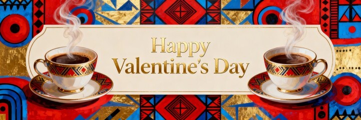 Happy Valentine's Day greeting with two luxurious steaming coffee cups against a vibrant abstract geometry background - ultrawide banner