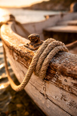 Wooden Boat with Rope at Sunset