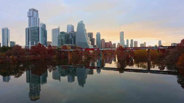 Austin downtown modern technology office skyline with business buildings reflecting on the river during sunny day, showcasing innovation, urban growth, and the expanding tech hub of Texas, USA