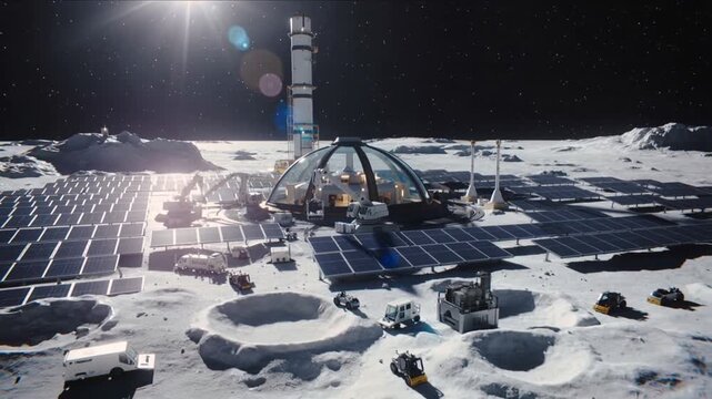 Astronauts working at lunar base with solar panels and glass dome. Future space colony infrastructure on moon surface. Dramatic zoom out