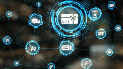 Digital gift card icons show e-commerce, payment, and digital gift card redemption. Digital gift card supports online shopping, secure payment, and customer loyalty programs. Gist