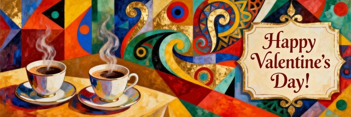 Painting of two white steaming coffee cups against a vibrant abstract geometry background with a Valentine's Day greeting - ultrawide banner