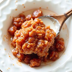 Orange Sweet and Sour Food on Silver Spoon in White Bowl