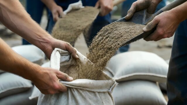 Close-up of hands in work gloves filling heavy-duty sandbags with wet sand for emergency flood protection and disaster preparedness